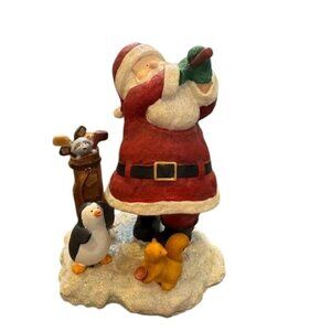 Santa Claus Golfing Figurine With Penguin Reindeer & Squirrel On Glittery Snow B